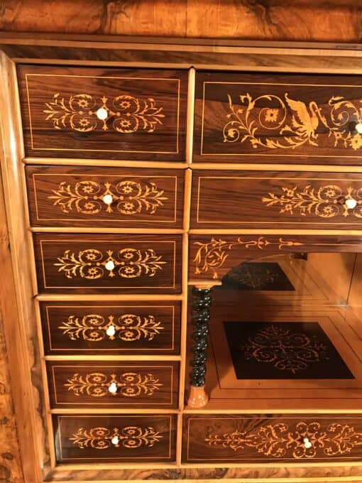 French antique secretary desk- detail view of the inside marquetry- Styylish