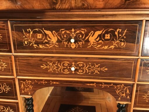 French antique secretary desk- detail view of the inside marquetry on a drawer- Styylish