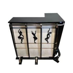 Art Deco Corner Bar, Black Lacquer, Parchment, Chrome, France circa 1950