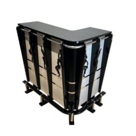 Art Deco Corner Bar, Black Lacquer, Parchment, Chrome, France circa 1950