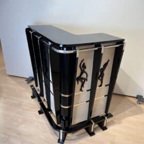 Art Deco Corner Bar, Black Lacquer, Parchment, Chrome, France circa 1950