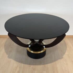 Round Art Deco Coffee Table, Rosewood, Metal, Glass, France circa 1930
