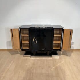 Small Art Deco Sideboard, Black Lacquer, Maple, Marble, France circa 1930