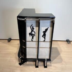 Art Deco Corner Bar, Black Lacquer, Parchment, Chrome, France circa 1950