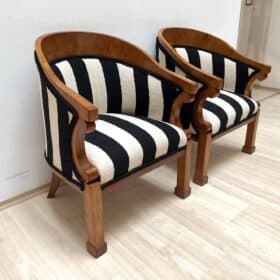 Two Biedermeier Bergere Chairs, Cherrywood, Boucle, Austria circa 1830