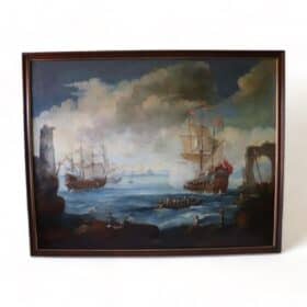 Antique Oil Painting of Coastal Scene with Galleons, 18th century