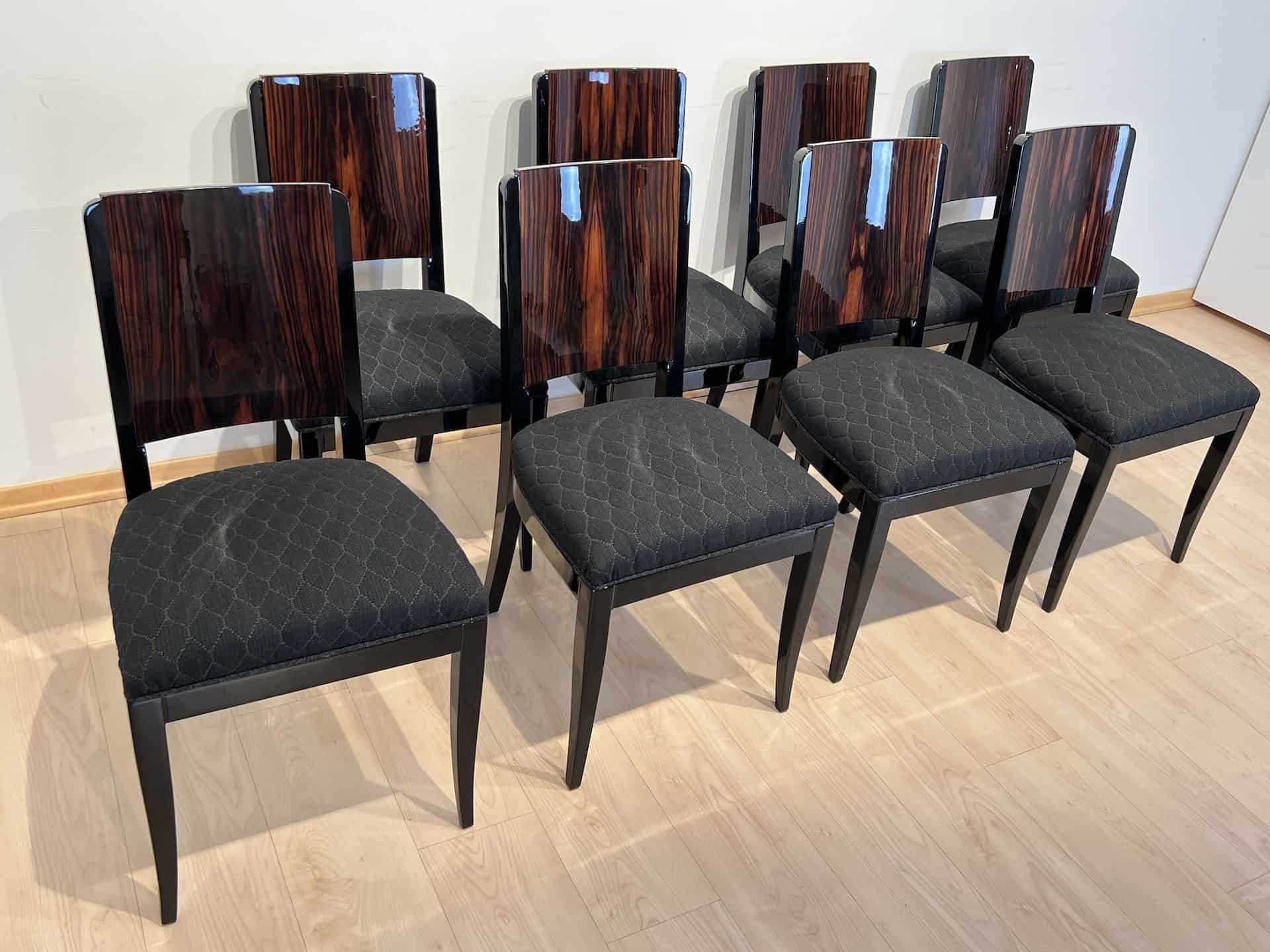 DINING CHAIRS SET OF EIGHT BLACK LACQUER FINISH WITH BLACK AND