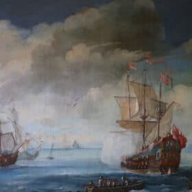 Antique Oil Painting of Coastal Scene with Galleons, 18th century