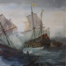 Oil Painting of Galleons in Battle, 19th century