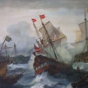 Oil Painting of Galleons in Battle, 19th century