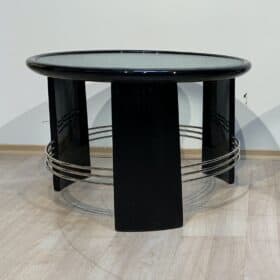 Art Deco Round Coffee Table, Black Lacquer, Chrome, Glass, France circa 1930