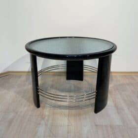 Art Deco Round Coffee Table, Black Lacquer, Chrome, Glass, France circa 1930