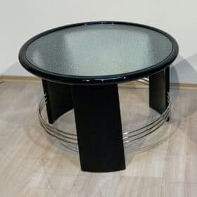 Art Deco Round Coffee Table, Black Lacquer, Chrome, Glass, France circa 1930