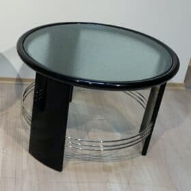 Art Deco Round Coffee Table, Black Lacquer, Chrome, Glass, France circa 1930