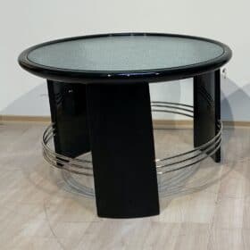 Art Deco Round Coffee Table, Black Lacquer, Chrome, Glass, France circa 1930