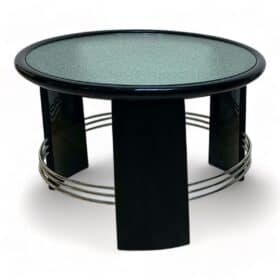 Art Deco Round Coffee Table, Black Lacquer, Chrome, Glass, France circa 1930