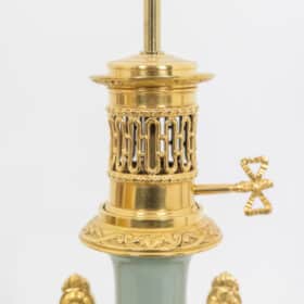 Pair of Celadon Porcelain and Gilded Bronze Lamps, Circa 1880