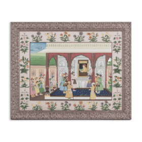Indian Watercolor on Silk Depicting a Palatal Scene, 1950s
