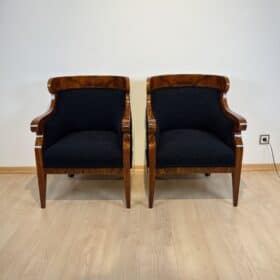 Pair of Biedermeier Bergere Chairs, Walnut, Black Boucle, Austria circa 1850