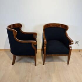 Pair of Biedermeier Bergere Chairs, Walnut, Black Boucle, Austria circa 1850