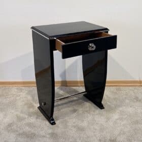 Art Deco Side Table with Drawer, Black Lacquer and Chrome, France circa 1930