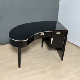 Kidney-shaped Art Deco Desk, Black Lacquer and Metal, France, 1940/50s