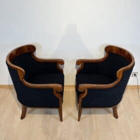 Pair of Biedermeier Bergere Chairs, Walnut, Black Boucle, Austria circa 1850