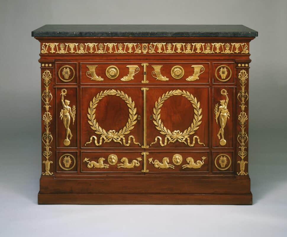 intricate writing cabinet made by Desmalter