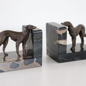 Italian Art Deco Bookends with Bronze Greyhounds on a Base of Fine Black Marble