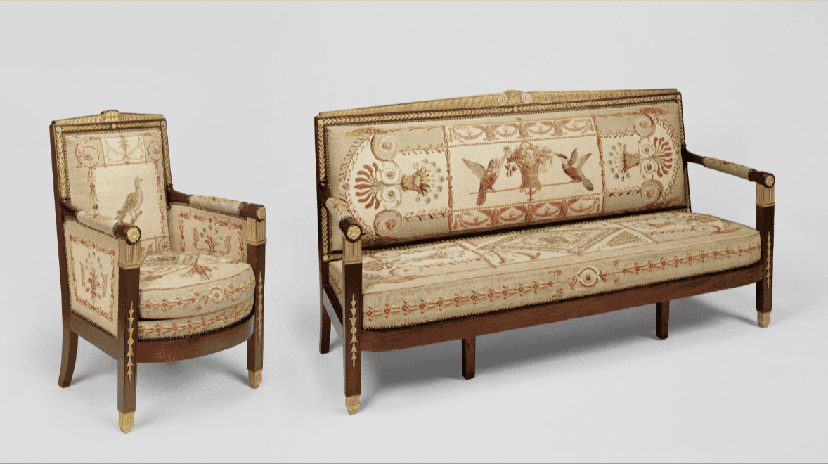 On display at the Getty Museum is this gorgeous Salon Suite of ten armchairs and a matching settee. The pieces are all made of Desmalter’s renowned mahogany, and feature gilded decorative motifs.