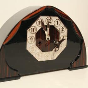 Art Deco Table Clock, Macassar, Lacquer, Nickel, Netherlands circa 1925