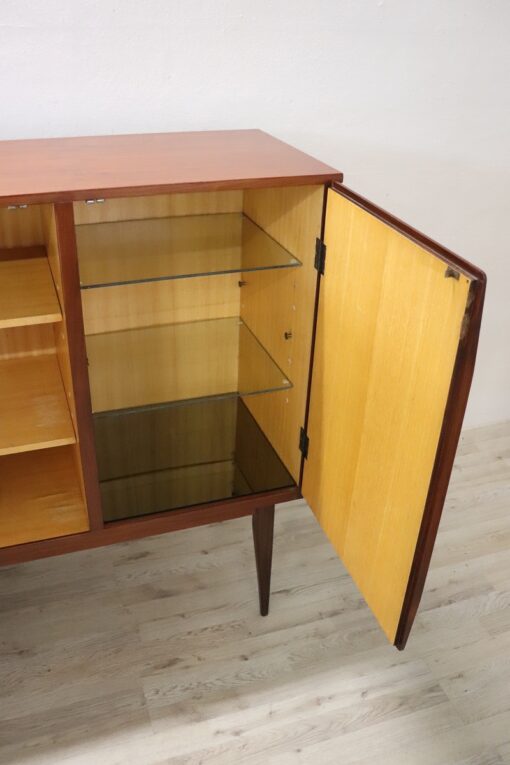 Long Sideboard in Teak Veneer - Glass Shelves - Styylish