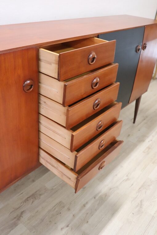 Long Sideboard in Teak Veneer - Drawers Stacked Open - Styylish