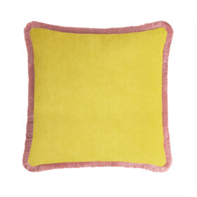 Happy Pillow 40 Yellow Velvet with Pink Fringes