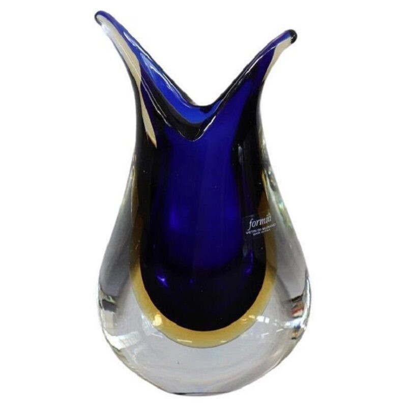 工芸品 Murano Glass Vase (Blue & Yellow) VINTAGE MURANO ART GLASS VASE WITH BLUE, YELLOW, AND RED