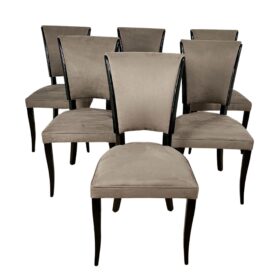 Set of Six French Art Deco Chairs, Black Lacquer, Grey Alcantara, France circa 1930