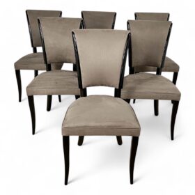 Set of Six French Art Deco Chairs, Black Lacquer, Grey Alcantara, France circa 1930