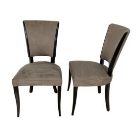 Set of Six French Art Deco Chairs, Black Lacquer, Grey Alcantara, France circa 1930