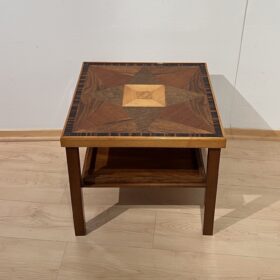 Modernist Art Deco Side Table, Walnut, Precious Woods, Lacquer, France circa 1940