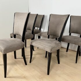 Set of Six French Art Deco Chairs, Black Lacquer, Grey Alcantara, France circa 1930