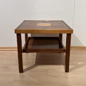 Modernist Art Deco Side Table, Walnut, Precious Woods, Lacquer, France circa 1940