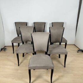 Set of Six French Art Deco Chairs, Black Lacquer, Grey Alcantara, France circa 1930