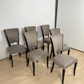 Set of Six French Art Deco Chairs, Black Lacquer, Grey Alcantara, France circa 1930