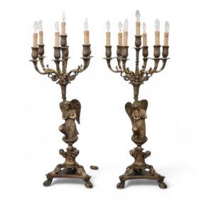 Pair of Antique Candelabras or Table Lamps in Bronze with Seven Lights