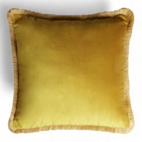 Velvet Fifty Cushion With Fringes Mustard, Made in Italy