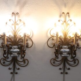 Gilded Iron and Crystal Sconces by Maison Baguès, France 1950s