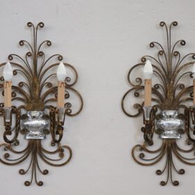 Gilded Iron and Crystal Sconces by Maison Baguès, France 1950s