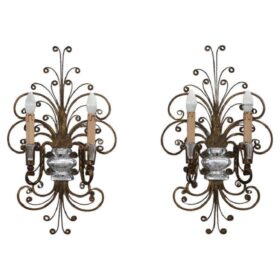 Gilded Iron and Crystal Sconces by Maison Baguès, France 1950s