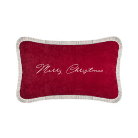 Christmas Happy Pillow Red Velvet and White Fringes