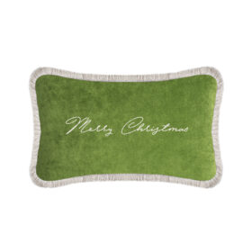 Christmas Happy Pillow Green Velvet and White Fringes